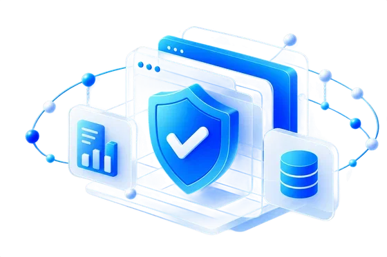 Shield with a checkmark beside a chart and database representing governance