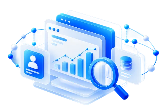 Dashboard with a magnifying glass over a chart representing observability