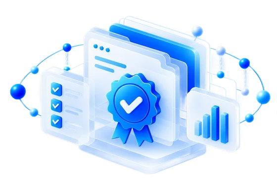Certificate rosette with a checklist and chart representing proof of compliance