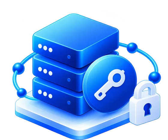 Server with a key and padlock representing customer-managed keys