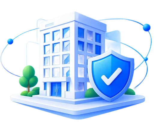 Office building protected by a shield with a checkmark