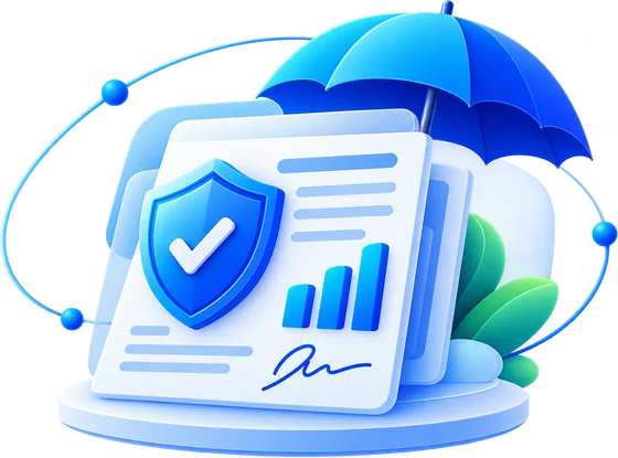 Document with a shield, chart and signature under an umbrella representing insurance data