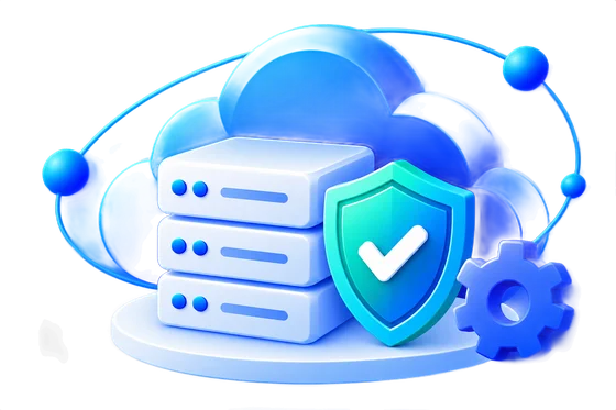 Server in a cloud with a shield and gear representing secure data operations